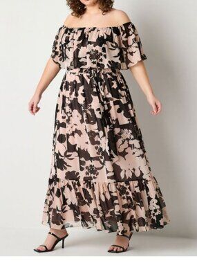 NWT Off-Shoulder Pink and Black Floral Ruffle Maxi Dress